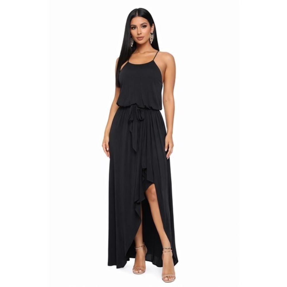 Tbags Los Angeles Maxi Dress Black High Low Tulip Hem Spaghetti Strap Size S